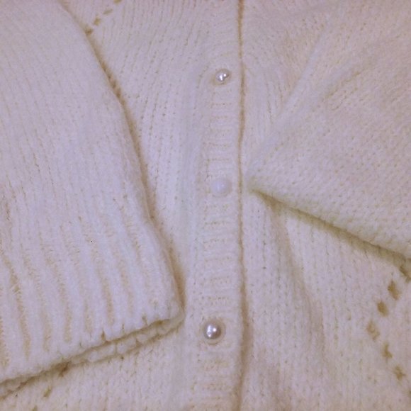 Vintage 80s Jason Maxwell Knit Cardigan -XL Lacey Zig-Zag Buttons-up Cream Vneck - Picture 4 of 7